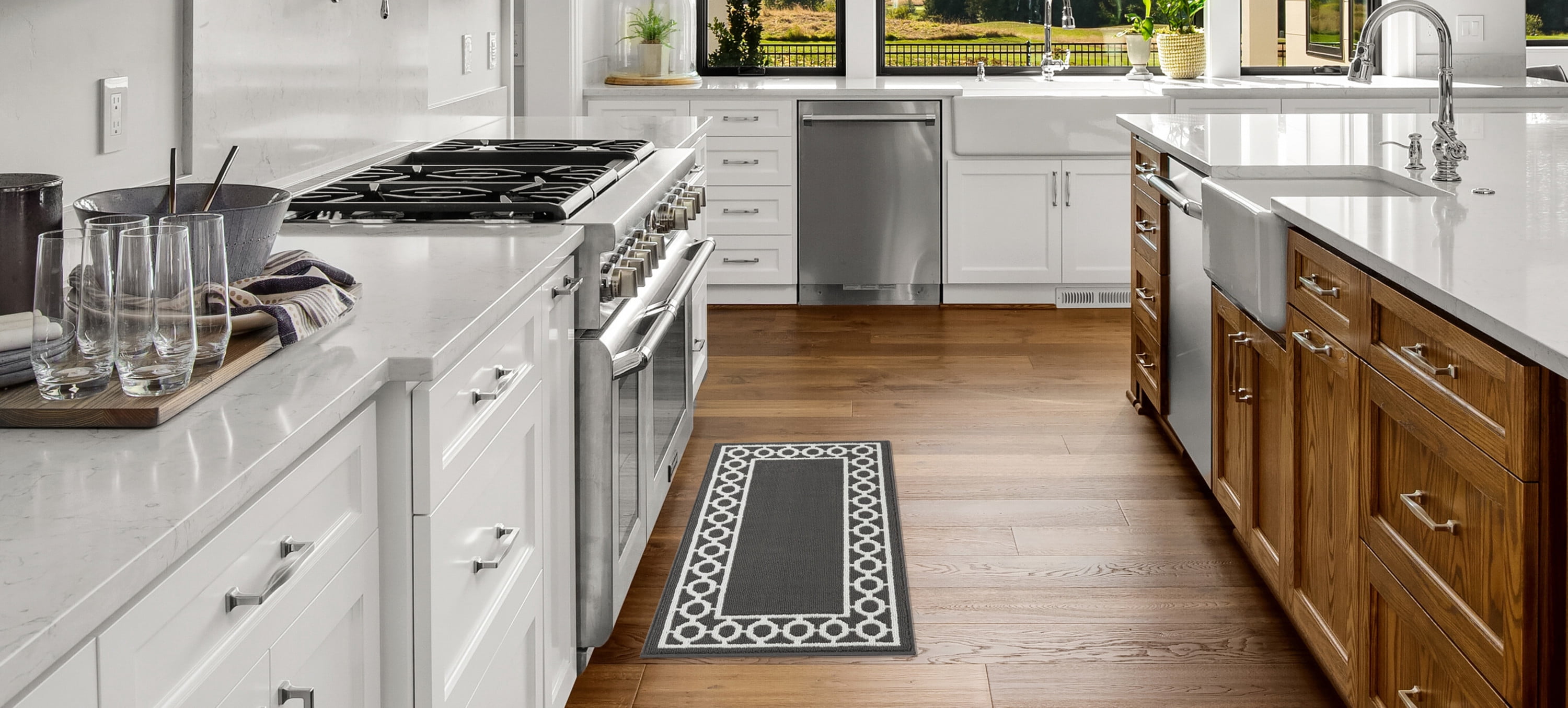 Washable Skid-Resistant Runner Rug, Trellis Border, Dark Grey and White, 26" x 45"