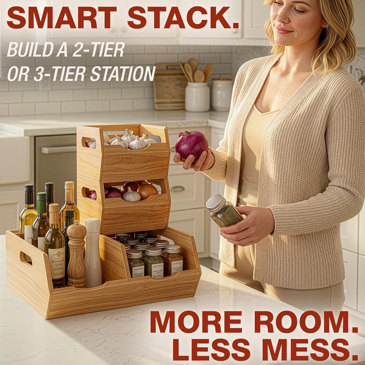 Homestead Acacia Wood Pantry Storage Bins, Stackable Bins Open Front Organizer, Ventilated Potato and Onion Storage Bins with Handles, Wooden Fruit Basket for Kitchen, Set of 3, Natural Wood