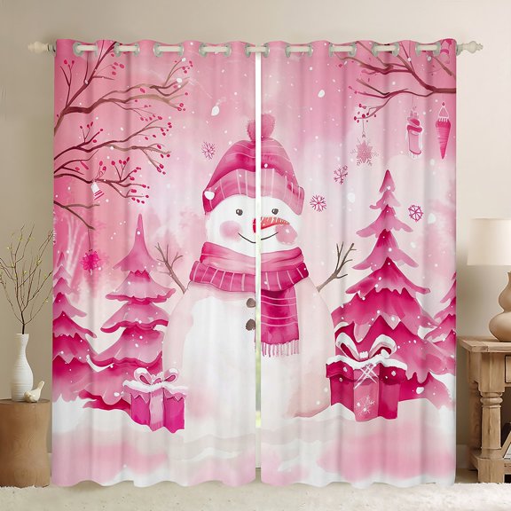 Manfei Kawaii Snowman Black Out Curtains, Pink Xmas Tree Curtains Pack of 2 (42x63 Each) for Girls, Merry Christmas Bedroom Curtains, Luxury Room Decor