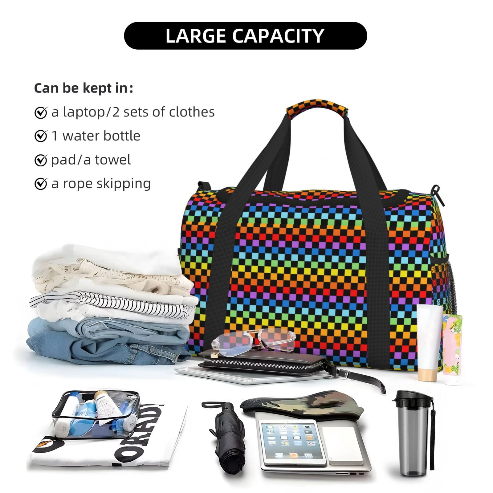 Fuzoiu Rainbow Chequerboard Print Travel Duffle Bag,Carry On Tote Bags,Duffel Bag,Sport Gym Bag, Hospital Bag for Labor and Delivery, Overnight Bag,Luggage Bag