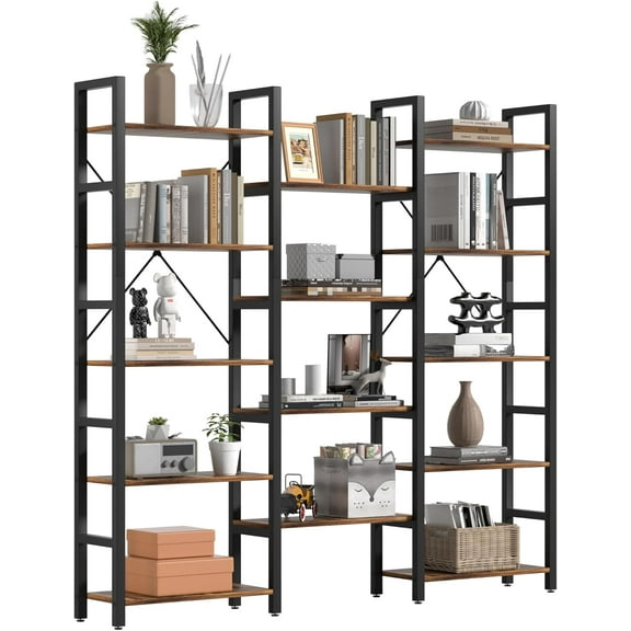YYEAN Triple Wide 5 Tier Bookshelf, Shape Changeable Bookcases, Open Display Shelves, Modern Tall Bookcase Furniture for Bedroom, Living Room and Home Office, (5-Tier, Rustic Brown)