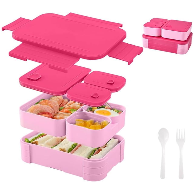 Lonchera Bento Box Fiambrera, 3 Compartimentos Portátil Caja de Almuerzo Extraíbles con Cubiertos Sin BPA, Apta Lavavajillas y Microondas para Trabajo y Viajes