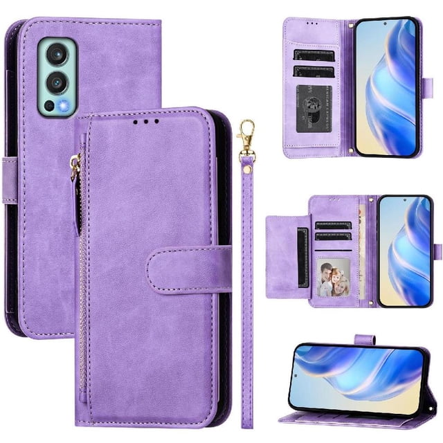 Funda para Oneplus NORD 2 con cremallera tipo cartera, tarjetero, marco de fotos, soporte y cordón, de piel sintética. morado