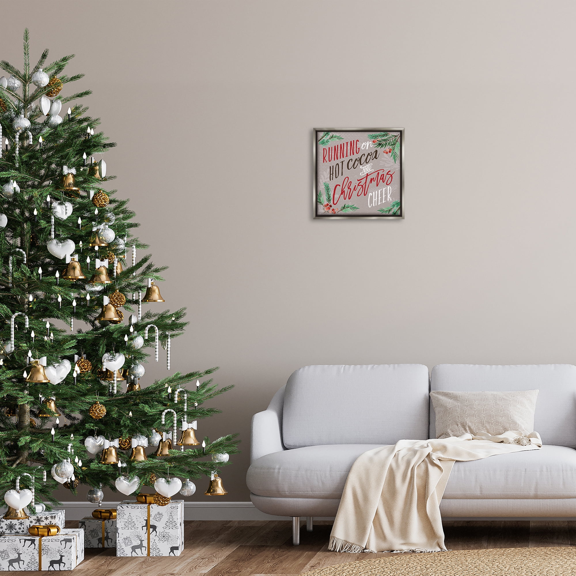Stupell Industries Cocoa & Christmas Cheer Holiday Painting Gray Floater Framed Canvas Art Prints Wall Art, 18 x 18