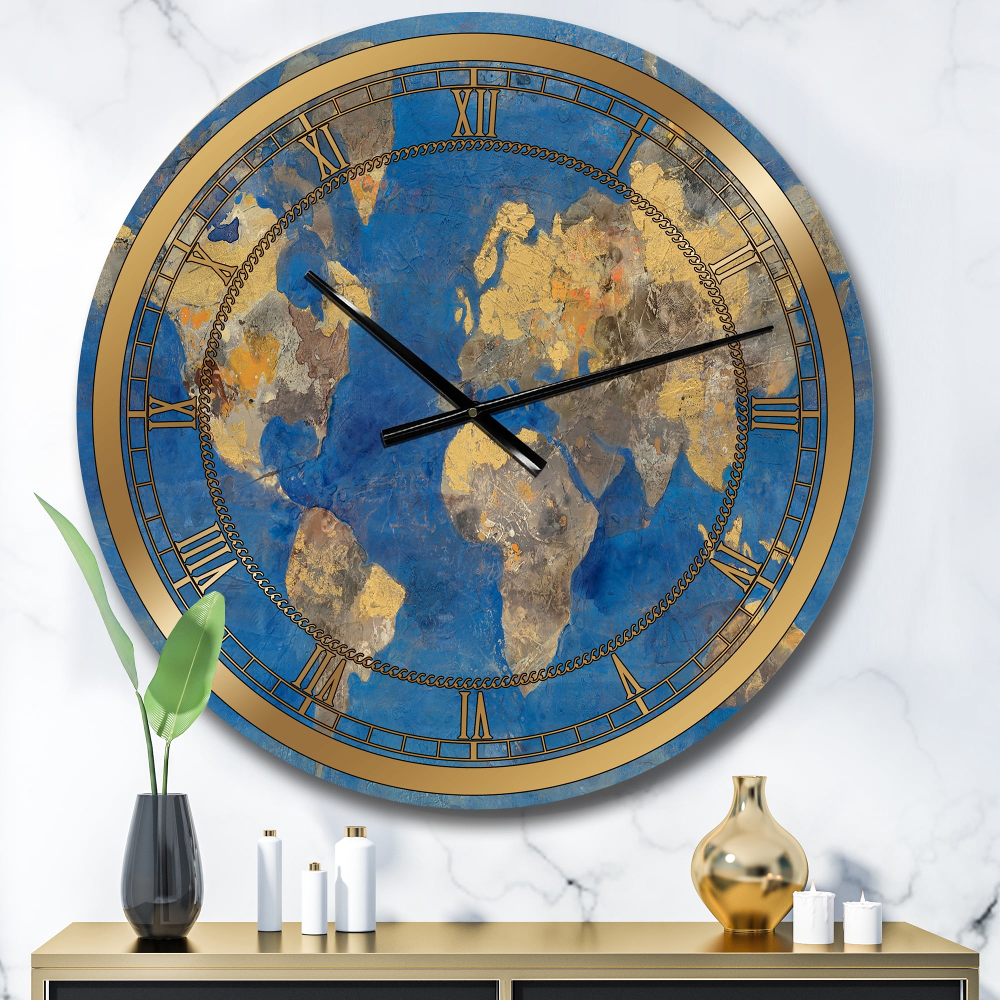 Designart 'Golden Glam World Map' Metal Wall Clock