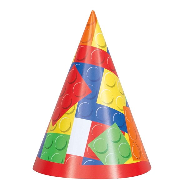 Gorros de fiesta de cumpleaños con bloques de construcción (paquete de 8) - Diseño colorido y divertido - Accesorio de fiesta perfecto para su celebración temática de bloques definitiva