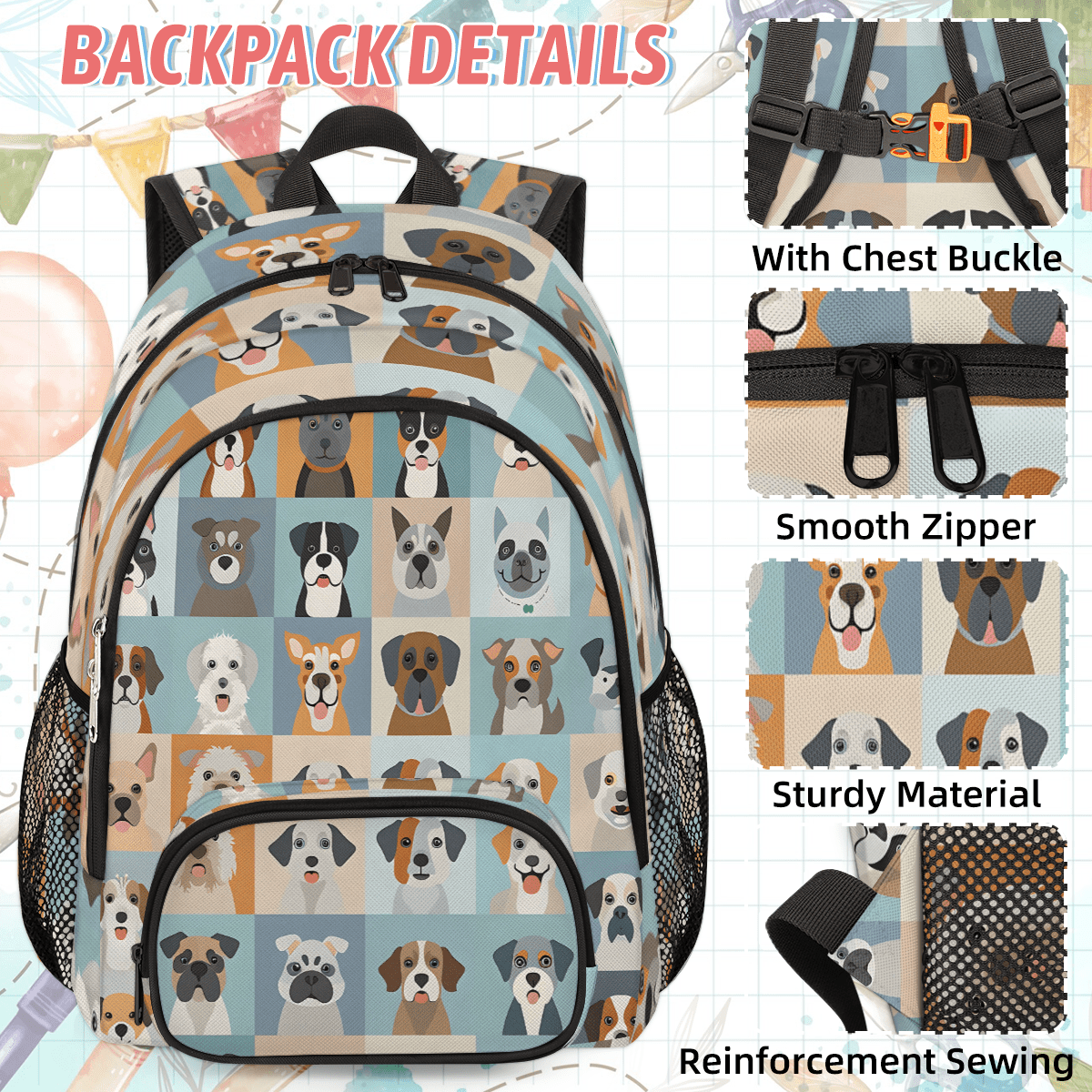 Herdesigns Cute Animal Dogs Puppy Large Backpack Set with Lunch Box Lightweight Water Resistant Travel Laptop Backpacks Casual Daypacks for Women Men