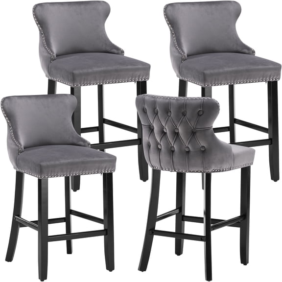 Bar Stool Set of 4, Legahome 26" Counter Height Bar Stools with Back, Velvet Upholstered Bar Stool with Button Tufted & Wooden Legs, Bar Stools Chair for 35-39" Kitchen Island Counter, Gray