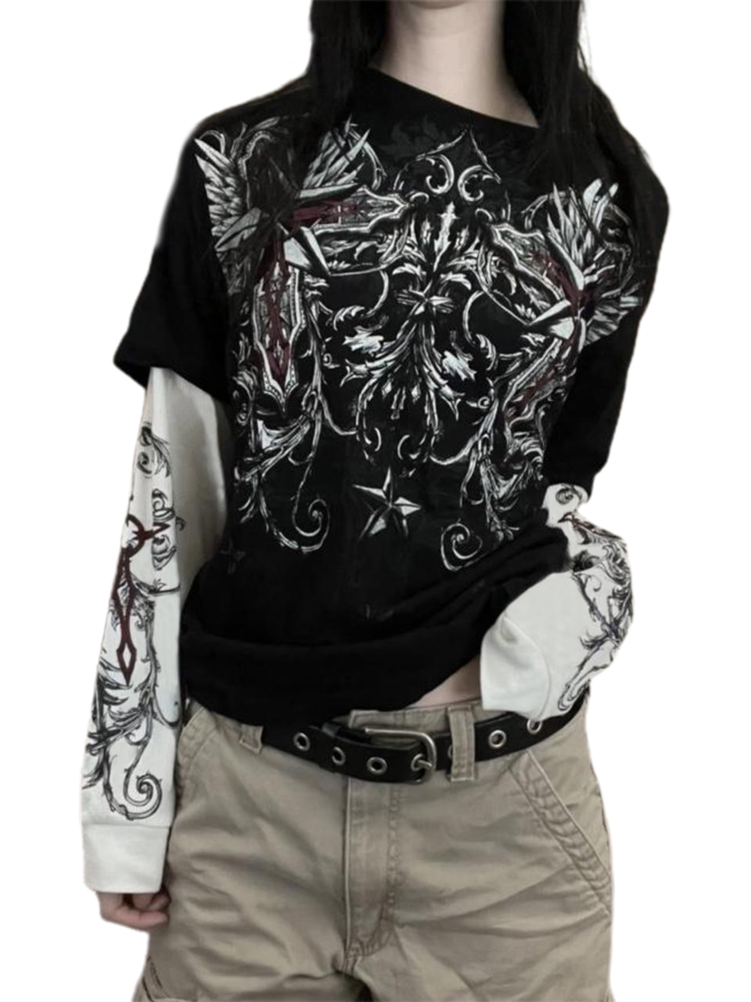 Women Y2k Long Sleeve T-Shirt Fairy Grunge Oversized Crew Neck Top Skull  Print Gothic Clothes Hurajuku Streetwear