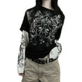 thumbnail image 2 of Women Fake Two-Piece T-Shirts Vintage Graphic Print Round Neck Long Sleeve Shirts Fashion Gothic Loose Casual Streetwear, 2 of 7
