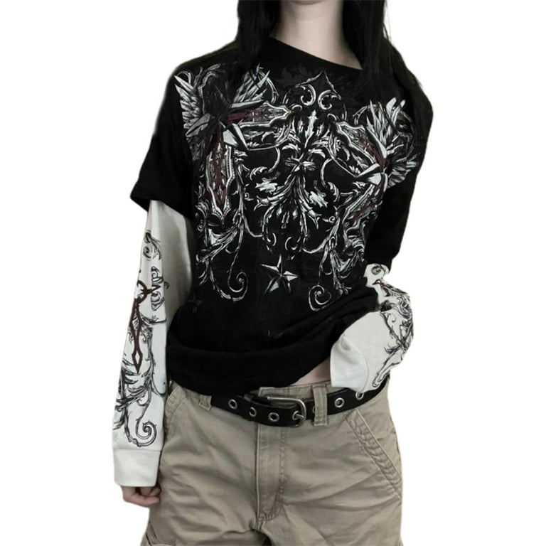 Aunavey Women Gothic T-Shirts Harajuku Fake Two-Piece Alternative Clothing  Goth Long Sleeve Top Grunge Clothes