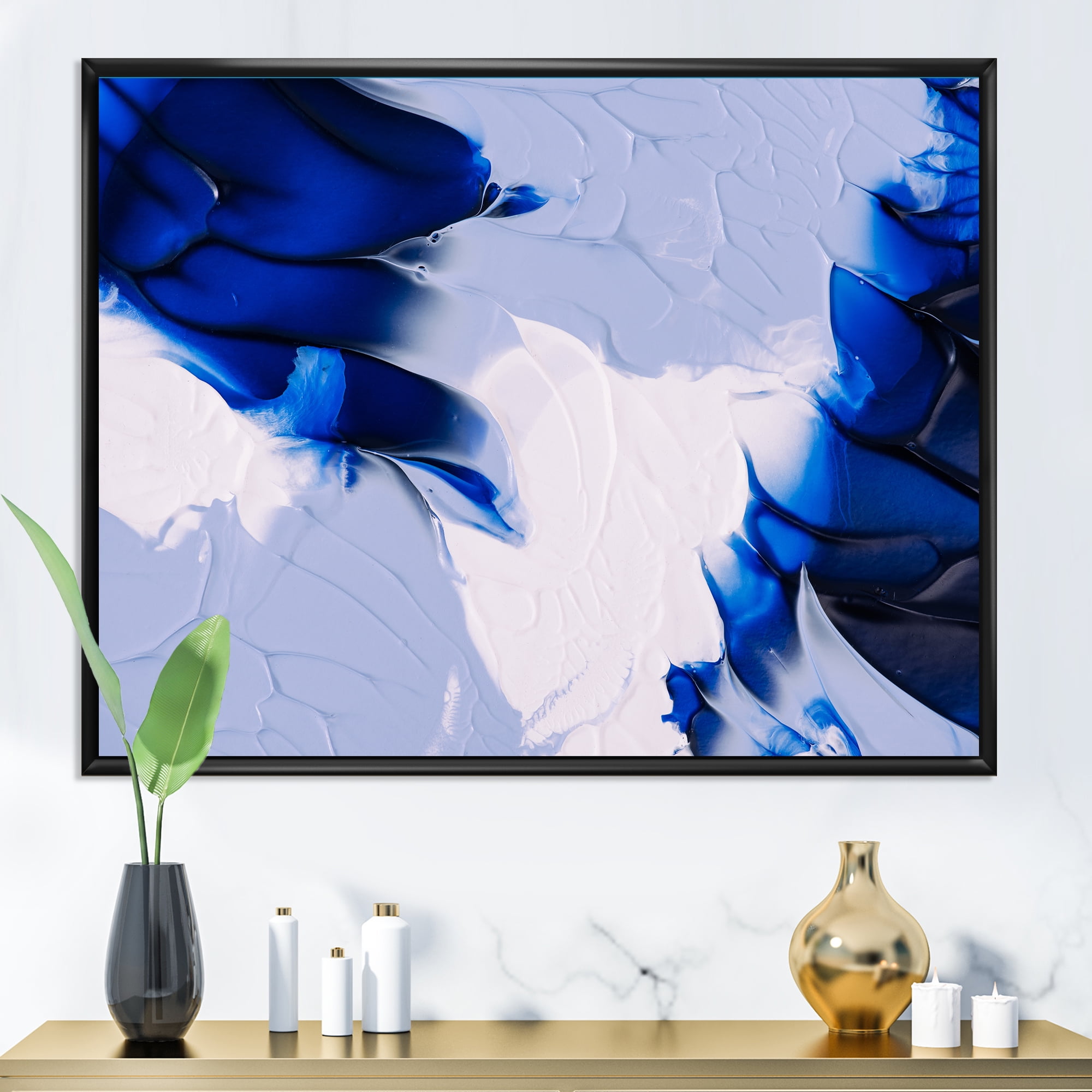 Designart 'Abstract White and Blue Grey Waves' Modern Framed Canvas Wall Art Print