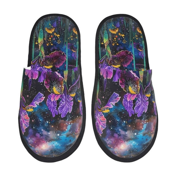Qokaie Starry Night Iris Field Print Fuzzy Slippers for Women – Soft Plush Indoor Slippers with EVA Sole, Cozy and Comfortable for Home and Travel-Medium