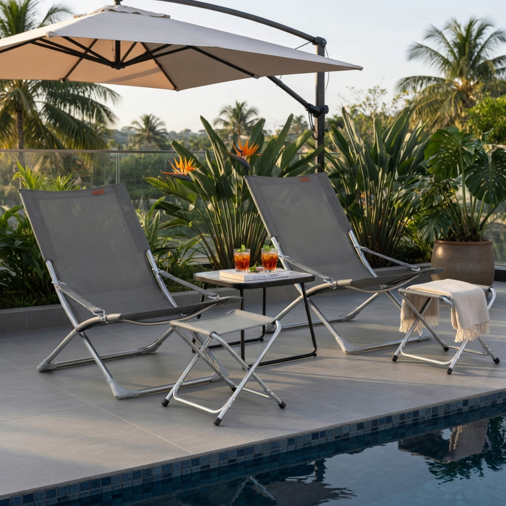 Hommoo 5-Piece Folding Patio Sling Chair Set with Footrests, Coffee Table & Headrest Pillows, Outdoor Lounge Seating for Deck, Poolside & Garden, Gray