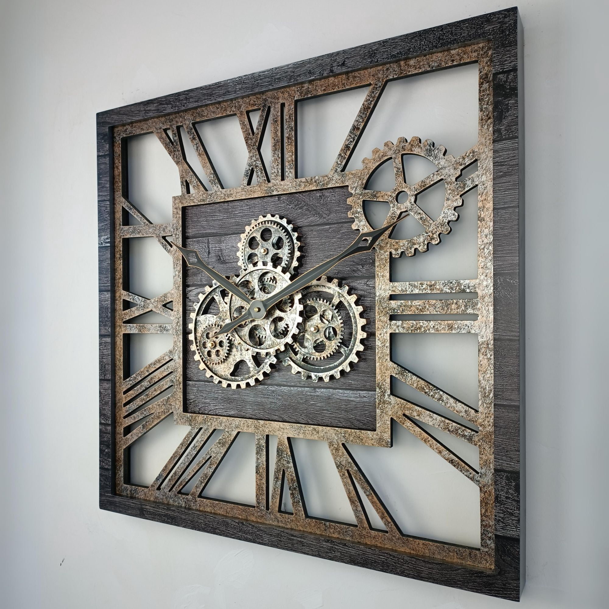 THE GEARS CLOCK Wall Clock with Real Moving Gears AM-LI_ 24 in Square Carbon-Grey