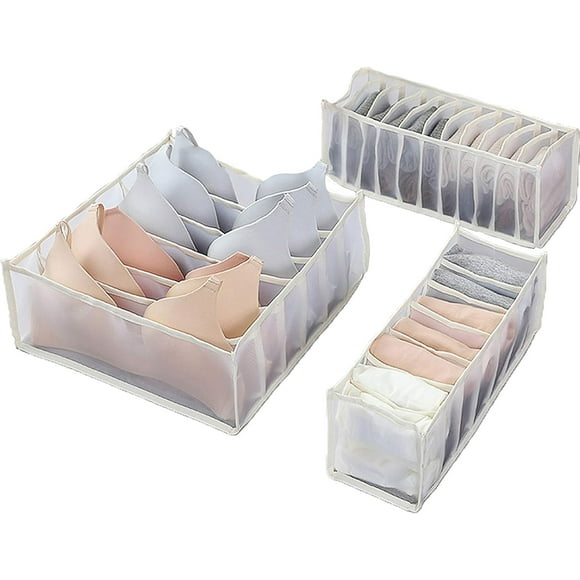 3 Pack Drawer Organizers Foldable Closet Underwear Organizers Dividers Dresser Basket Bins Cloth Box Storage Cube for Underwear, Bras, Lingeries, Socks, Ties, Panties, Nursery, Baby Cloth, Beige