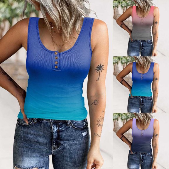 HAPIMO Women's Summer Tank Tops Scoop Neck Blouse Front Button Ribbed Camisole Casual Slim Fit Camis Vest Gradient Clolor Print Tops Sleeveless Shirts for Girls Red XXL