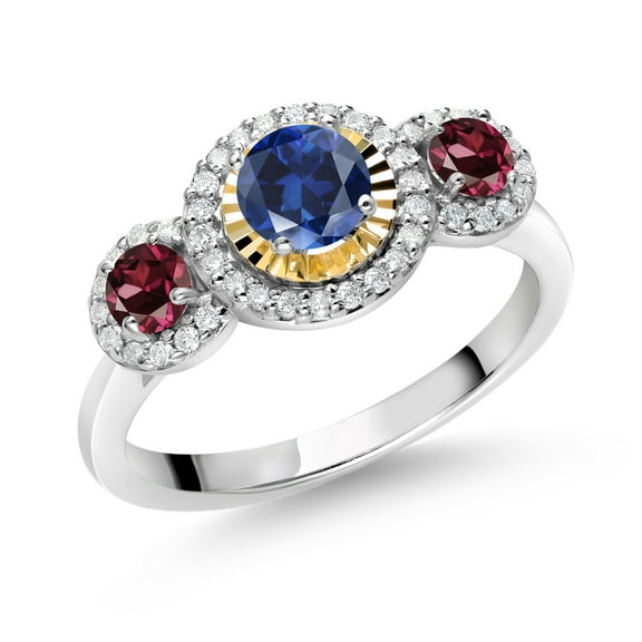 Gem Stone King 0.80 Ct Blue Created Sapphire Red Rhodolite Garnet 925 Silver and 10K Yellow Gold Lab Grown Diamond 3 Stone Women Engagement Ring (Size 7)