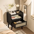 thumbnail image 6 of LELELINKY 2pc Rattan Nightstand with Charging Station, Boho Bedside Table with Drawer and Open Shelf, Solid Wood Legs, Black New, 6 of 7