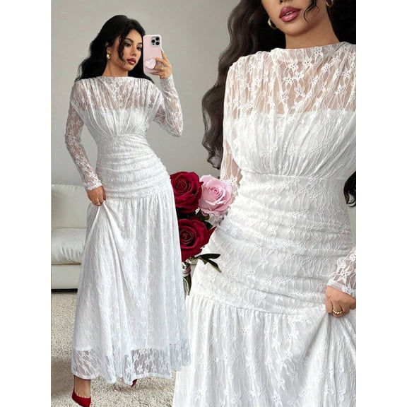 White Lace Ruched Long Sleeve Bodycon Maxi Dress For Evening Party