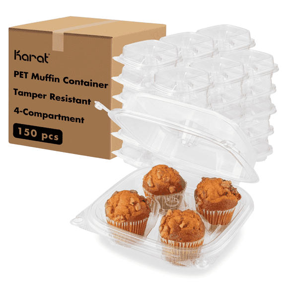 Karat PET Tamper Resistant Muffin, Cupcake Container, 4-Compartment - 150 pcs