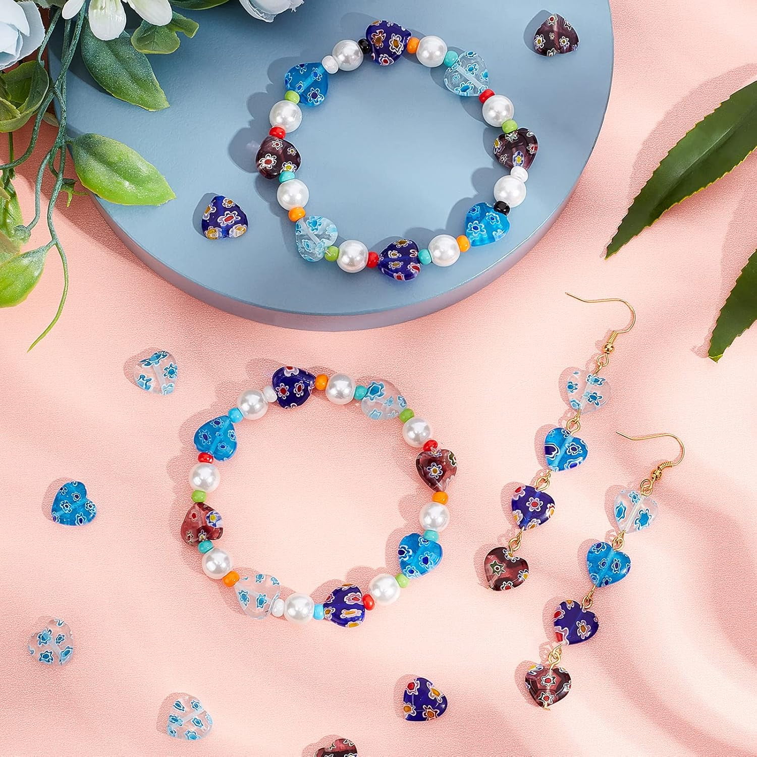160 Pcs Millefiori Lampwork Beads Heart Shaped Glass Beads 12mm Spacer Beads for DIY Bracelets Necklace Jewelry Making Mixed Color DIY