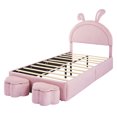 thumbnail image 3 of Twin size Upholstered Rabbit-Shape Bed with 2 Storage Stools, Velvet Platform Bed with Cartoon Ears Shaped Headboard, Pink, 3 of 7