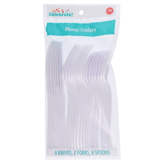 Plastic Disposable Cutlery Set, White, 24 Pieces, by Way To Celebrate