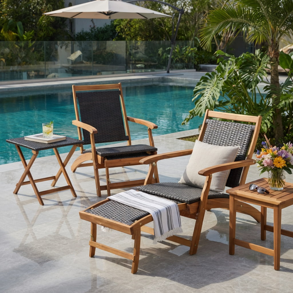 Hommoo 2-Piece Foldable Patio Lounge Set, PE Rattan Folding Chair with Acacia Wood Side Table for Backyard, Poolside & Garden, Brown