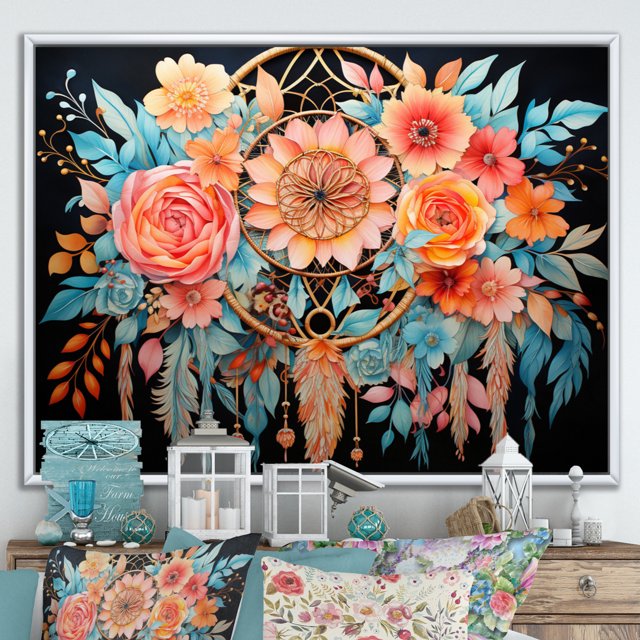 Designart Art Mural Encadré Corail Traditionnel Blanc, Attrape-Rêves Encadré Art Mural, Rêves en Corail Attrape-Rêves, Décor Mural Encadré Attrape-Rêves, 32x24 Pouces Cadre Couleur Blanche