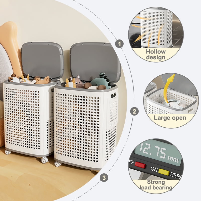 Laundry Hamper with Wheels and Built-in Side Baskets, Large Capacity Clothes Hamper Organizer with Ventilation, Mobile Storage for Bedroom Bathroom