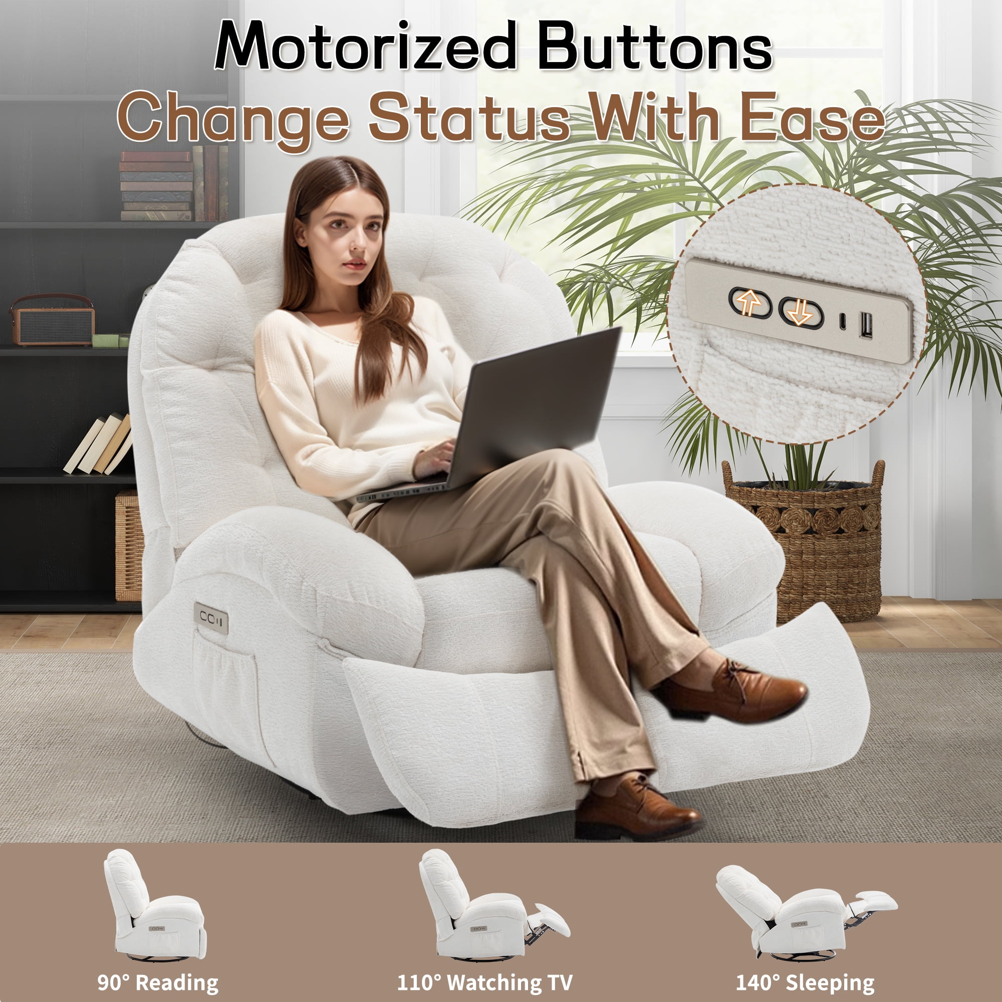 Korser Power Swivel Rocker Recliner Chair with USB Ports Chenille for Living Room,Beige