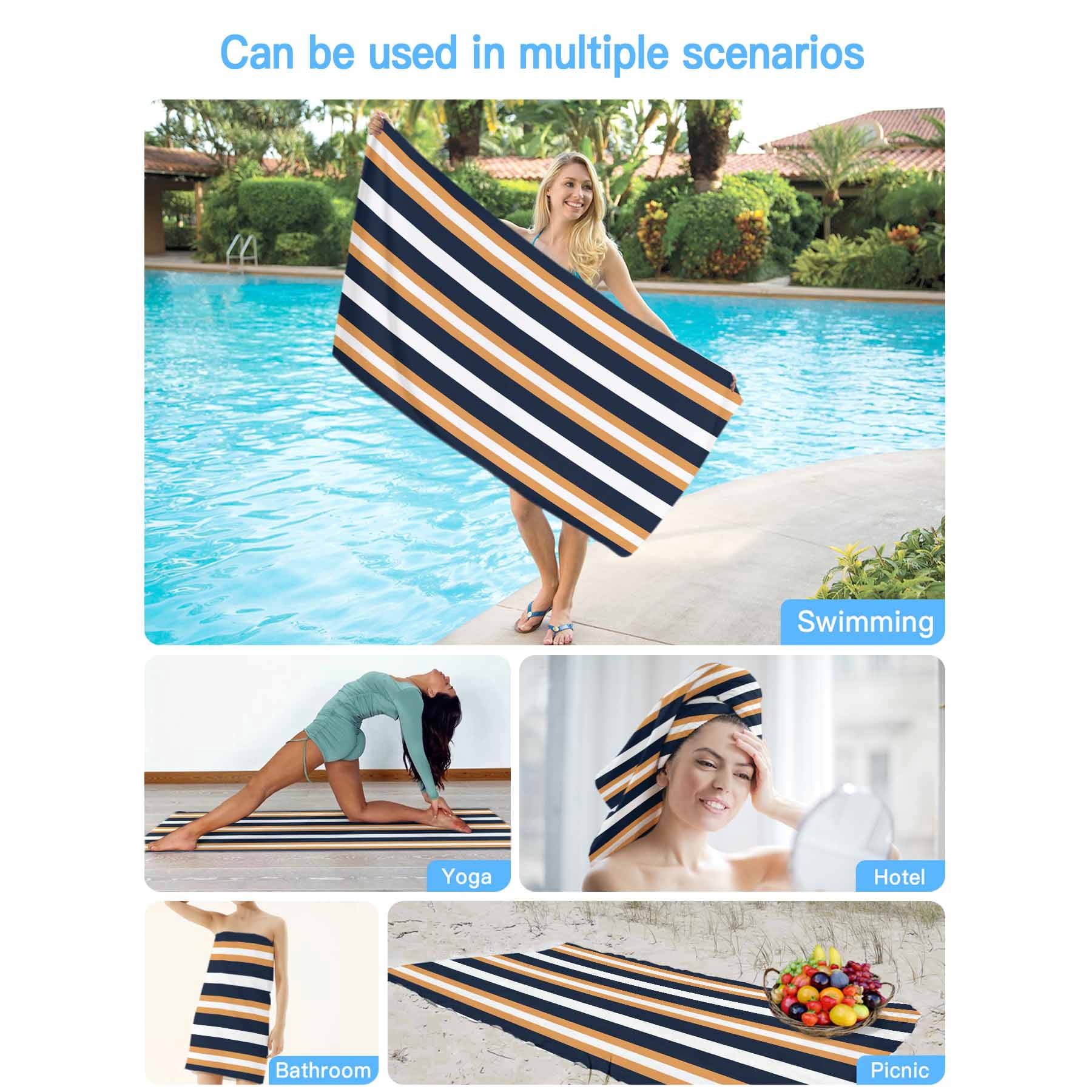Beach Towel Navy Blue Stripes Bath Pool Towels Orange Striped Absorbent Beach Towel Soft Large Quick Dry Lightweight Camping Travel Sports Yoga Gym Swim Towels for Adult 30x60 Inch