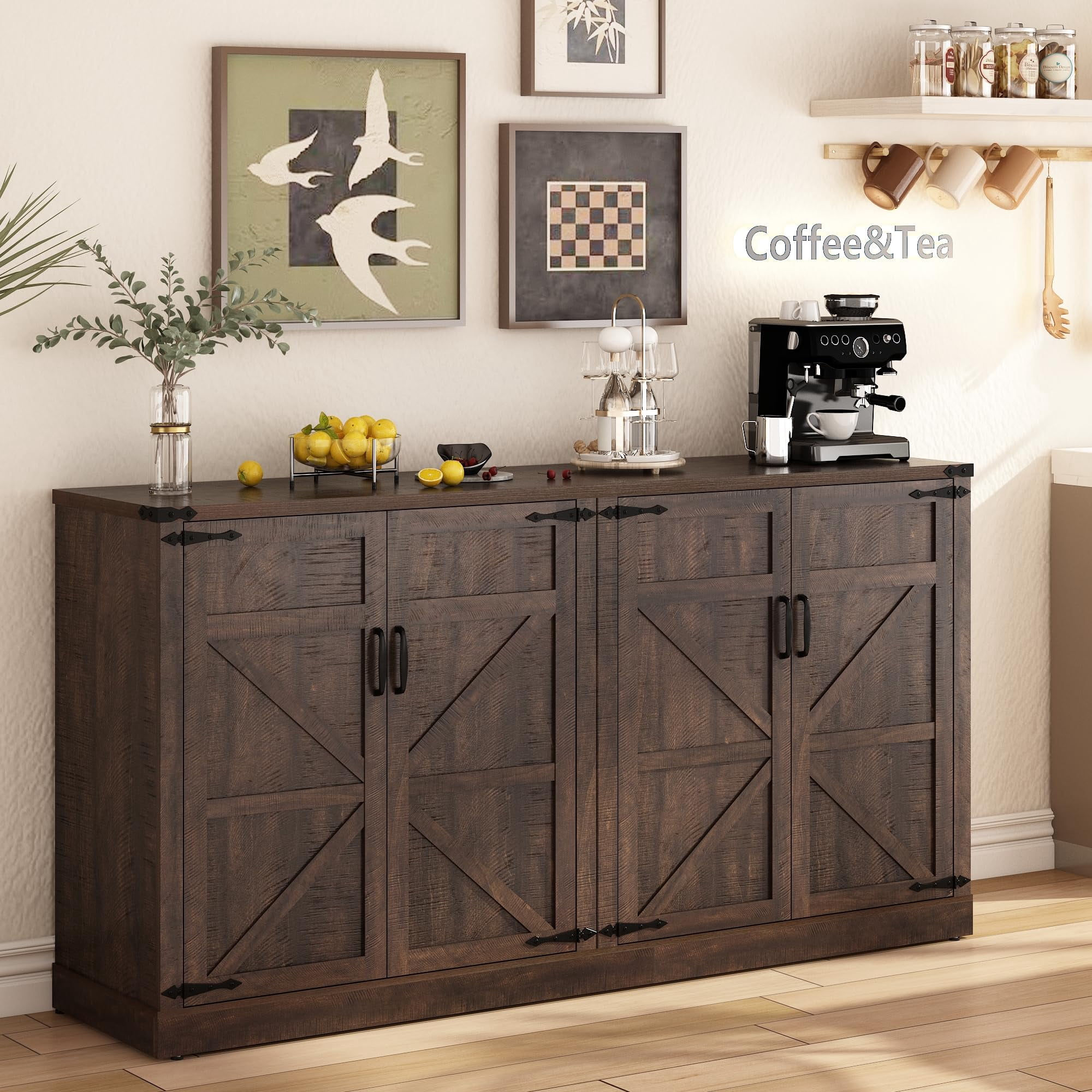 ChVans 65" Farmhouse Kitchen Buffet Cabinet with 4 Barn Doors, 34" Tall Wood Sideboard Credenza with Storage and Adjustable Shelves for Kitchen, Dining Room, Living Room, Brown