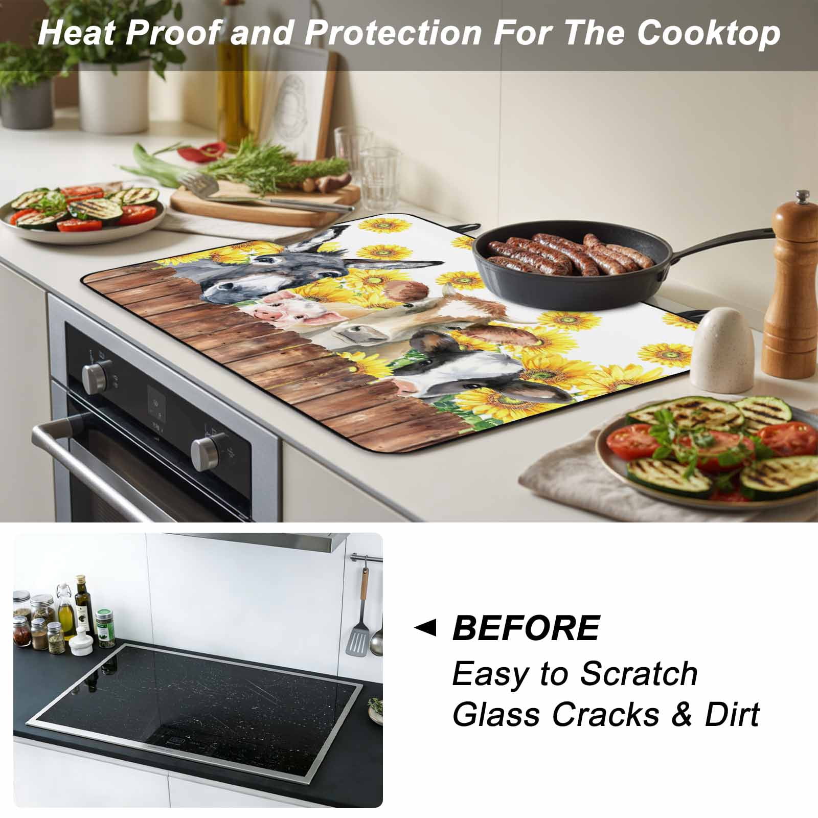 Sunflowers Farm Animals Stove Top Cover for Electric Stove, Heat-proof & Non Slip Glass Top Stove Cover Protector, Vintage Wooden Animals Kitchen Flat Cooktop Rubber Mat 24x21 Inches