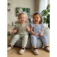 thumbnail image 5 of BemeyourBBs Newborn Baby Girl Spring Summer Fall Clothes Infant Baby Girl Waffled Romper One Piece Outfit Ruffled Flying Short Sleeve Front Bow Stripes Jumpsuit with Headband, 5 of 9