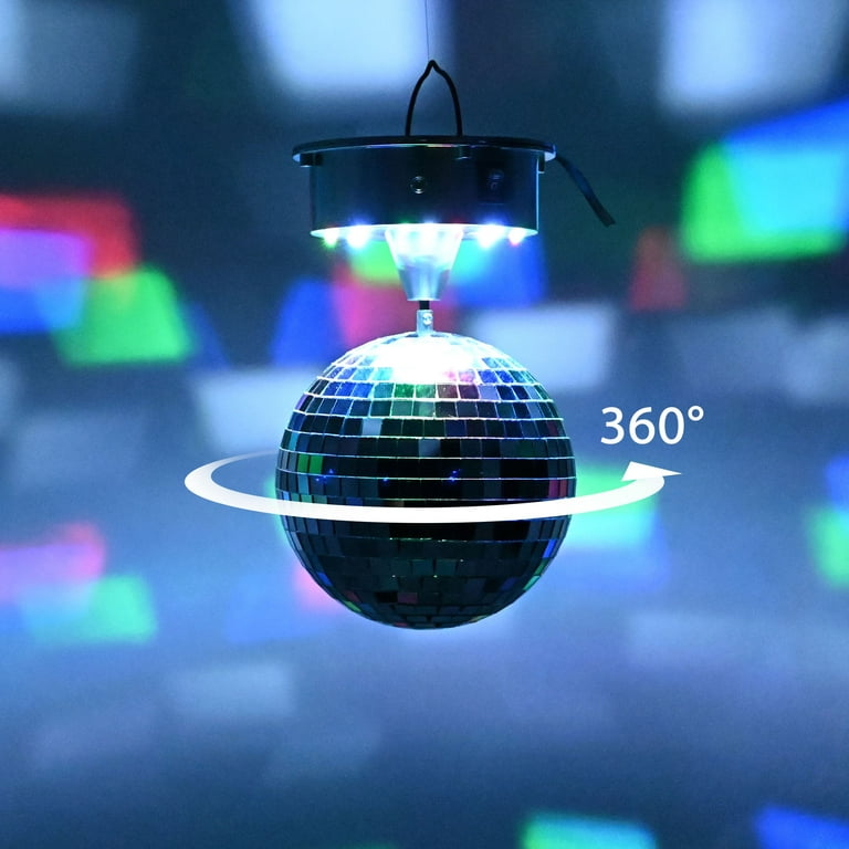 Disco Ball with Motor and Light, 8 Hanging Mirror Ball and 6RPM Batteries  Powered Rotating Motor with 4 Light Colors and 18 LEDs for Disco Party
