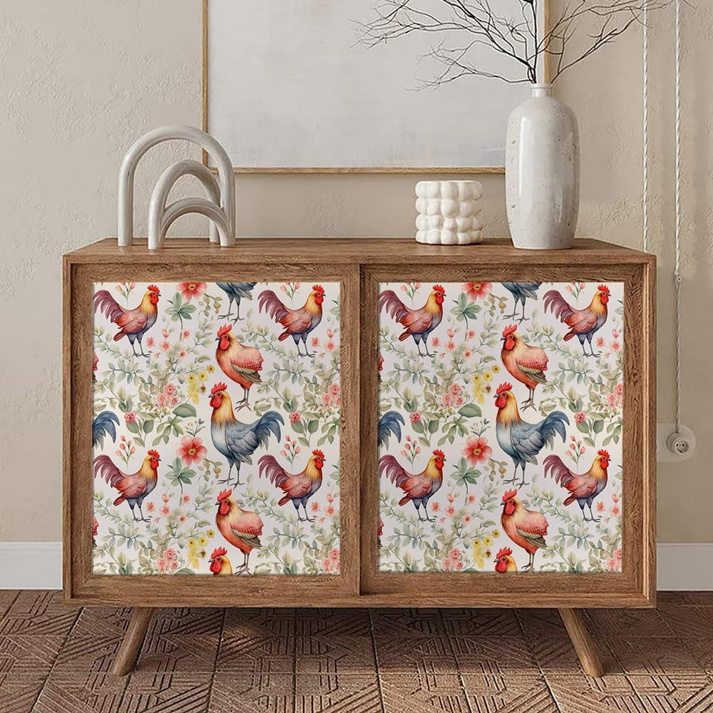 Rustic Watercolor Flowers Red Yellow Pink Rooster Farm Peel and Stick Wallpaper Contact Paper Vintage Vinyl Stick on Wall Paper for Bedroom Bathroom Kitchen Cabinet Renter Friendly