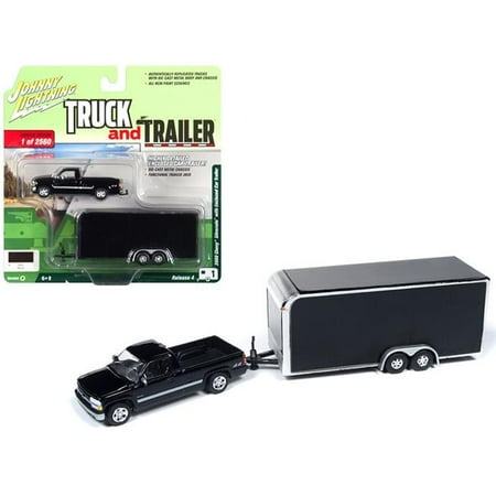 2000 00 Chevrolet Silverado Pickup - 2000 Chevrolet Silverado Pickup Truck w/Enclosed Car Trailer Black Ltd Ed to 2,560 pcs 1/64 Diecast by Johnny Lightning