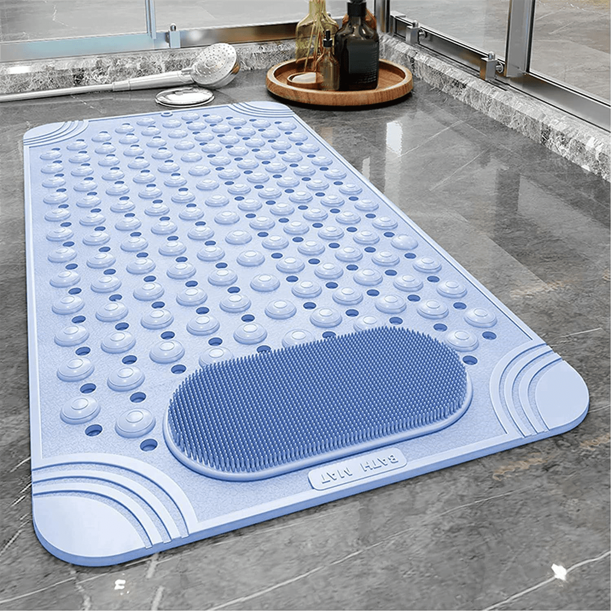 Bathtub Mat Non-Slip Rubber Shower Mat with Drain Holes Suction Cups, Quick Drain, Feet Massage, Bath Mat Blue PVC Blue