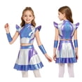 thumbnail image 2 of iiniim Girls 3 Pieces Halloween Alien Cosplay Outer Space Outfit Cap Sleeve Glossy Color Block Top and Skirt with Oversleeves for Role Play Party Silver 16, 2 of 7