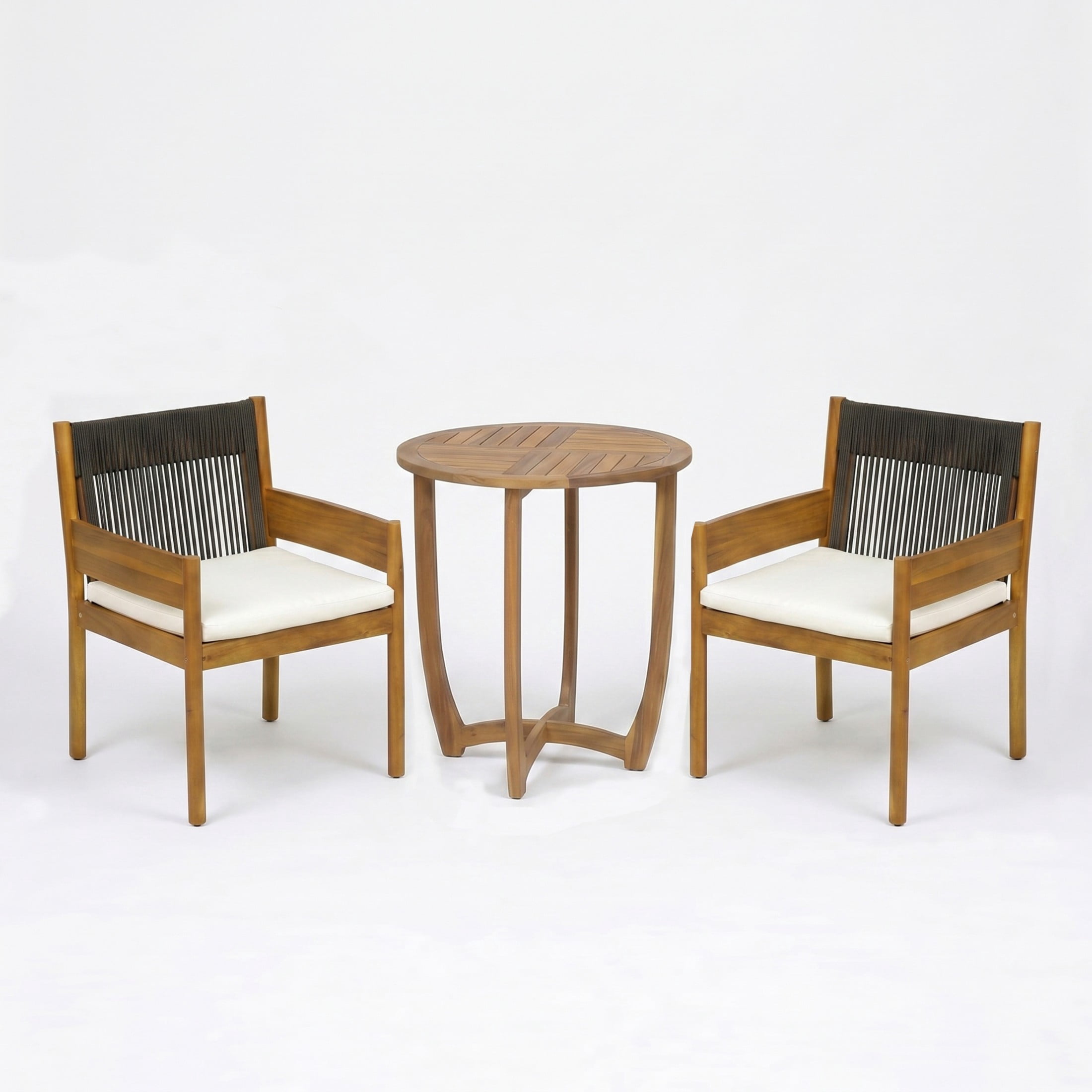 Christopher Knight Home 3-Piece Acacia Wood Patio Chat Set with Rope Chairs and Table, Teak+Black