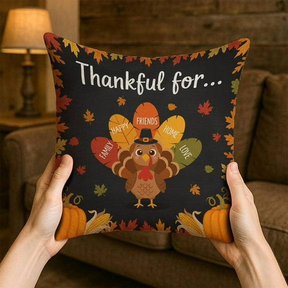 TiniDecor Thankful Turkey Throw Pillow, 16x16" Poly Oxford, Fall Thanksgiving Decor Accent Cushion