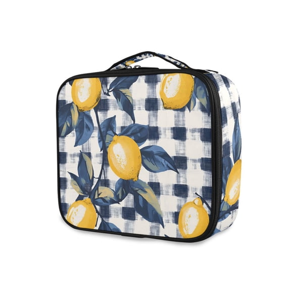 FORMRS Travel Makeup Bag Large Capacity Train Case Cosmetic Organizer with Adjustable Dividers, Beige Plaid Lemon