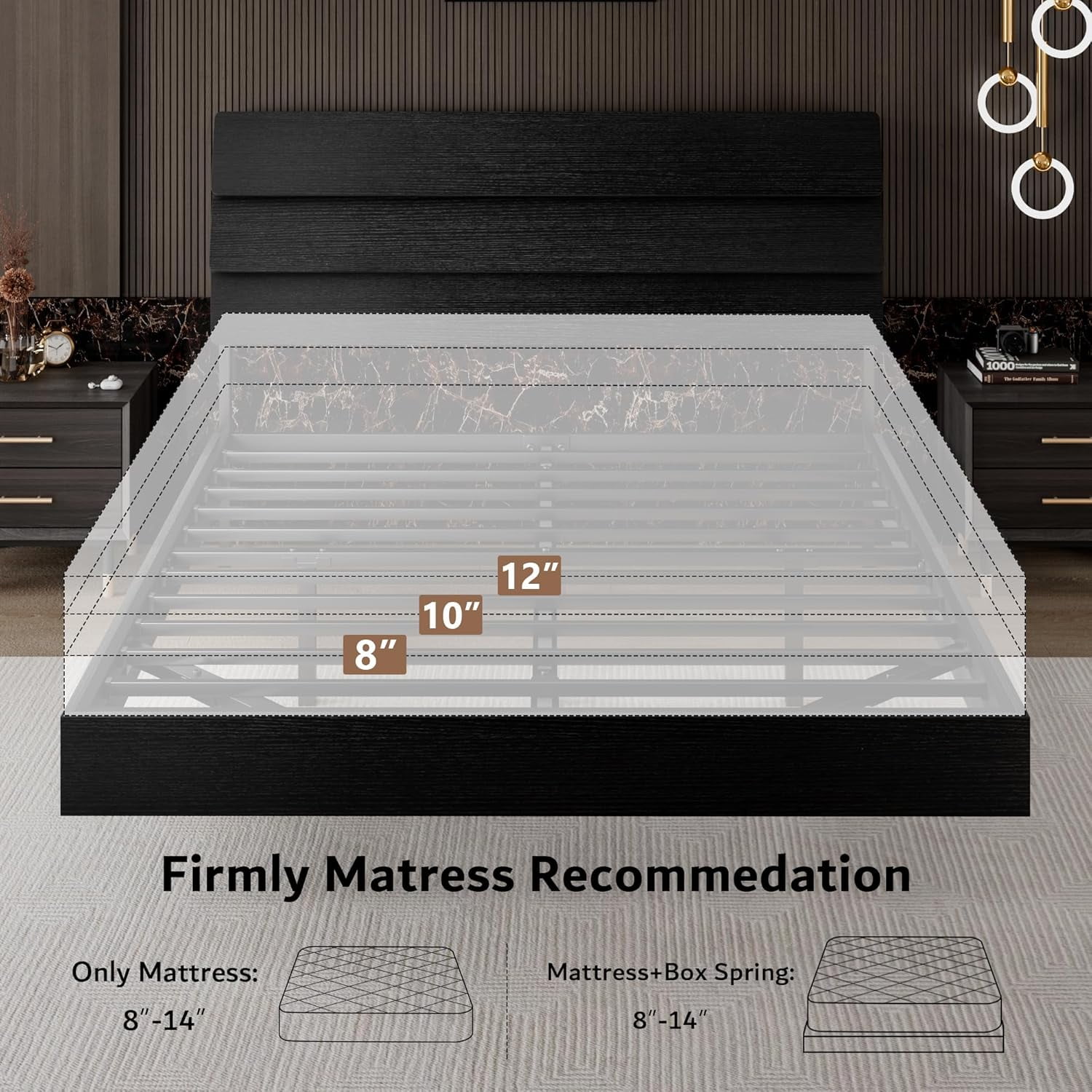Honfach Floating Full Size Bed Frame with LED Lights & Charging Station, Platform Bed with Wooden Storage Headboard, Black.