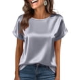 thumbnail image 5 of Women Satin Short Sleeve Blouse Crew Neck Loose Fit Casual Basic Top Lightweight Soft Silky TShirt for Everyday Wear Gray XL, 5 of 5