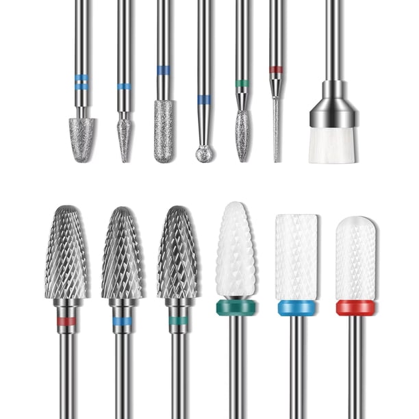 Depvko Juego De 13 Brocas Para Uñas, 3 Brocas De Carburo De Tungsteno 3 Brocas De Cerámica Para Uñas Efile 6 Brocas De Diamante 1 Cepillo De 3/32 Pulgadas Para Taladro De Uñas