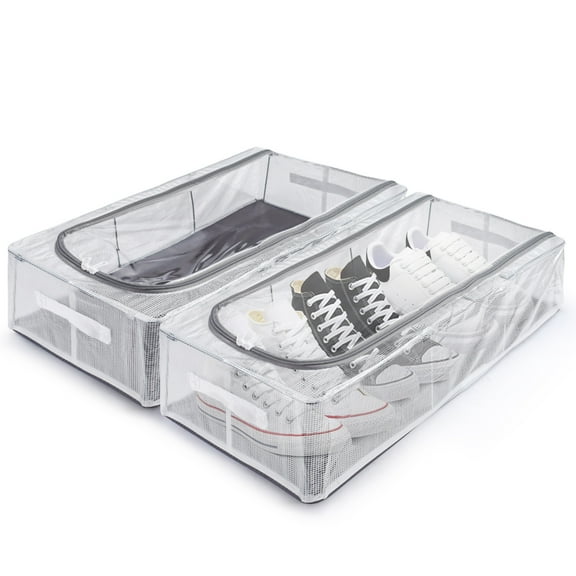 LELE LIFE 2 Pack Under Bed Shoe Storage Organizer, Stackable Foldable Under Bed Storage Containers with Steel Frame, Clear Lid Underbed Shoe Box Bins for Boot Sneaker Clothes Closet