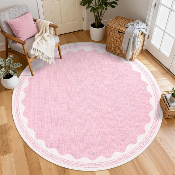 Scalloped Edge Solid Pink 4ft Round Rug Circle Modern Minimalism Washable Non-Slip Soft Ultra-Thin Carpet for Living Room Kitchen Bedroom Nursery Dining Room