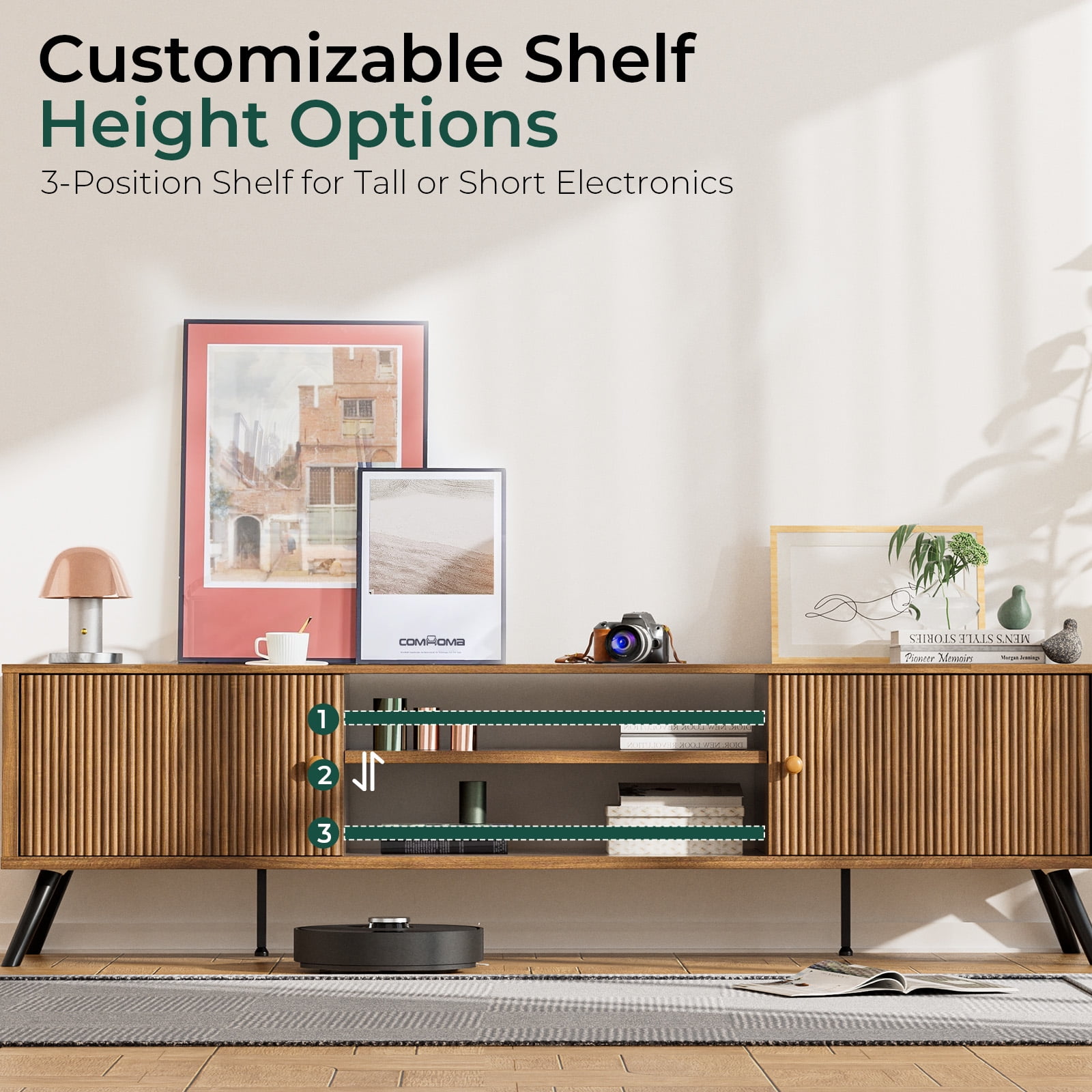 LUCKLIFE 70" Mid Century Modern TV Stand for TVs up to 75", Brown